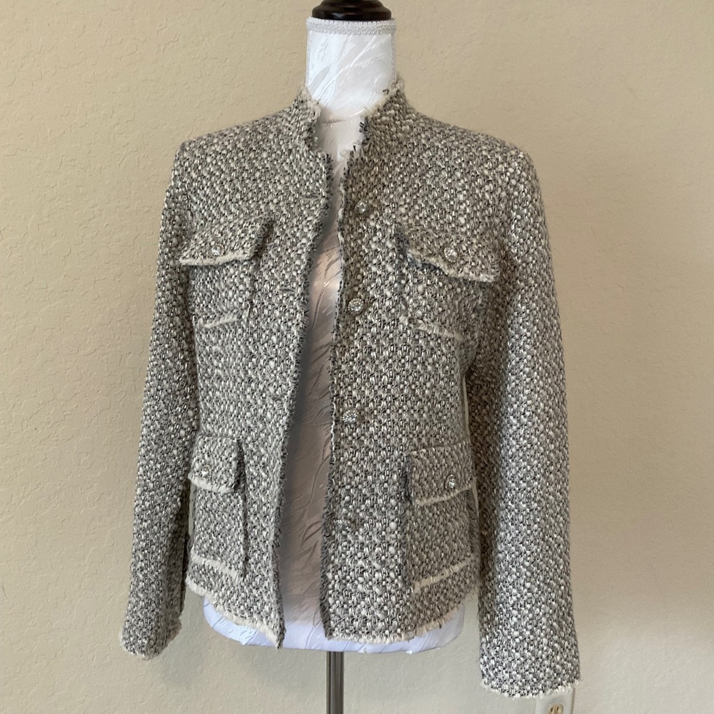 ANIMALE Metallic Tweed Fringe Jacket Size 40 US 8 Ivory Black Crystal Buttons